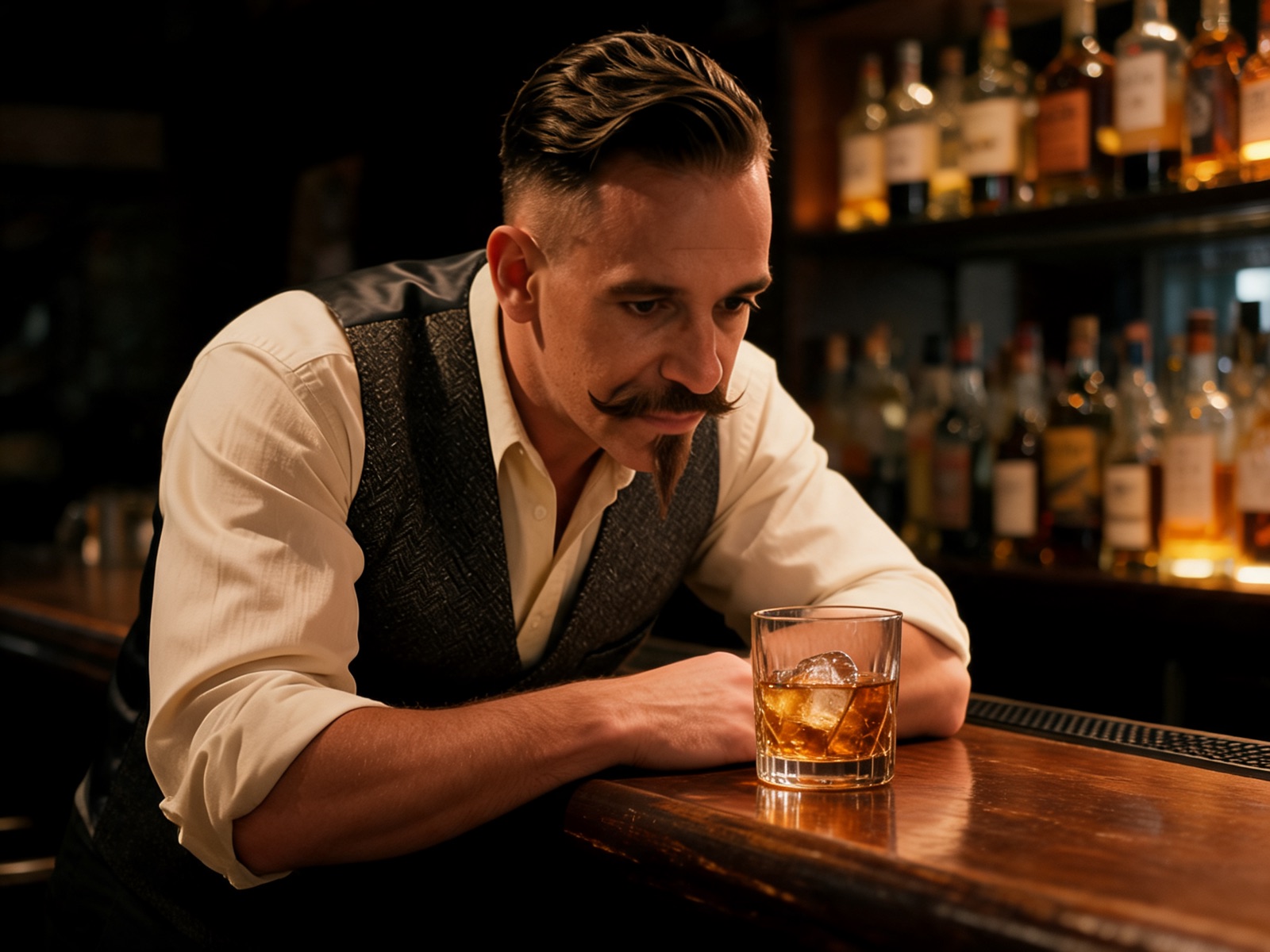 The same man leaning on a dark bar beside a bourbon in a rocks glass