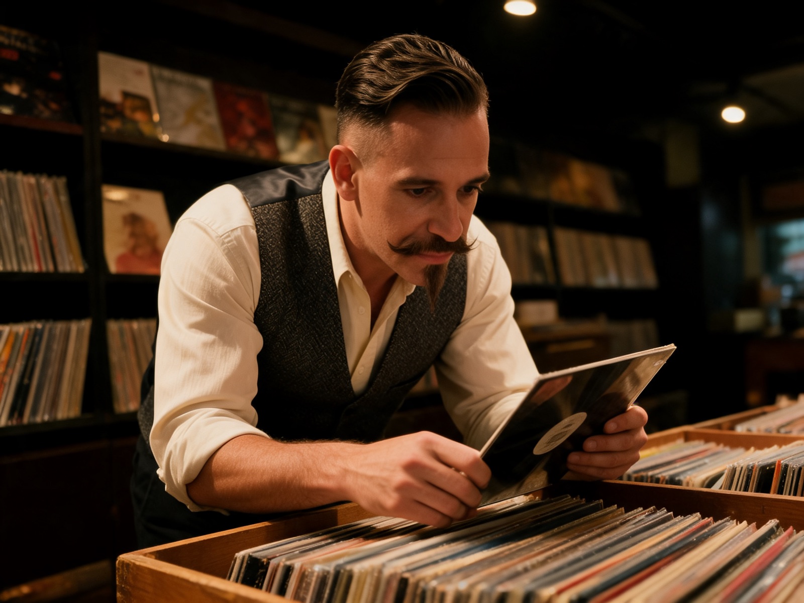 A man with a waxed handlebar mustache flipping through a crate of records