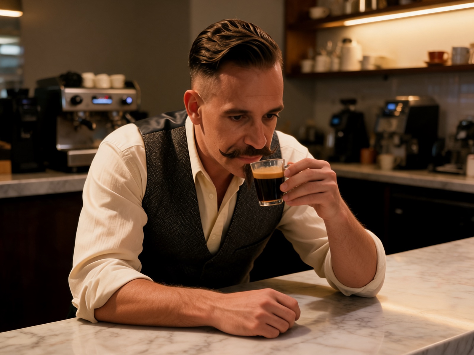 The same man at a marble counter with an espresso in a glass